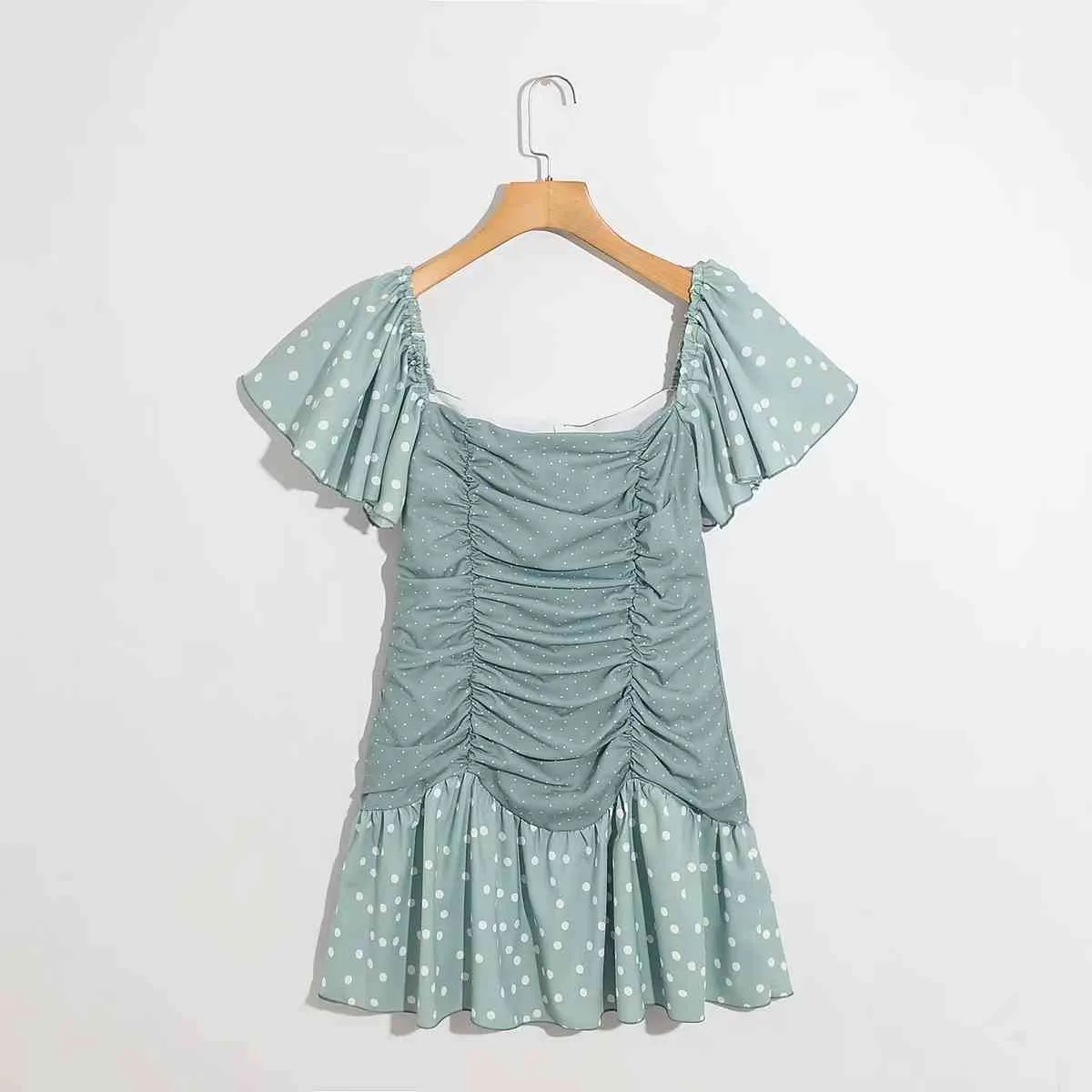 Foridolpolkaドットフレアスリーブボディコンサマードレス女性Ruched Ruffle Party Short Mini Dress Vintage Beach Green Dress Vestido 210415