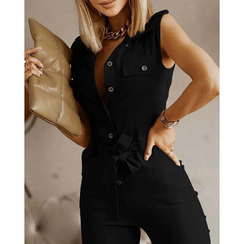 Donne Fashion Elegante Casual Abbigliamento Da lavoro Partito Pagliaccetto Femmina Femmina senza maniche Button Pocket Design Jumsuit 210716