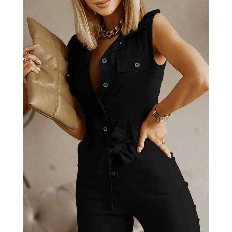 Kvinnor Mode Elegant Casual Workwear Party Romper Kvinna Ärmlös Jumpsuit Knapp Pocket Design Jumsuit 210716