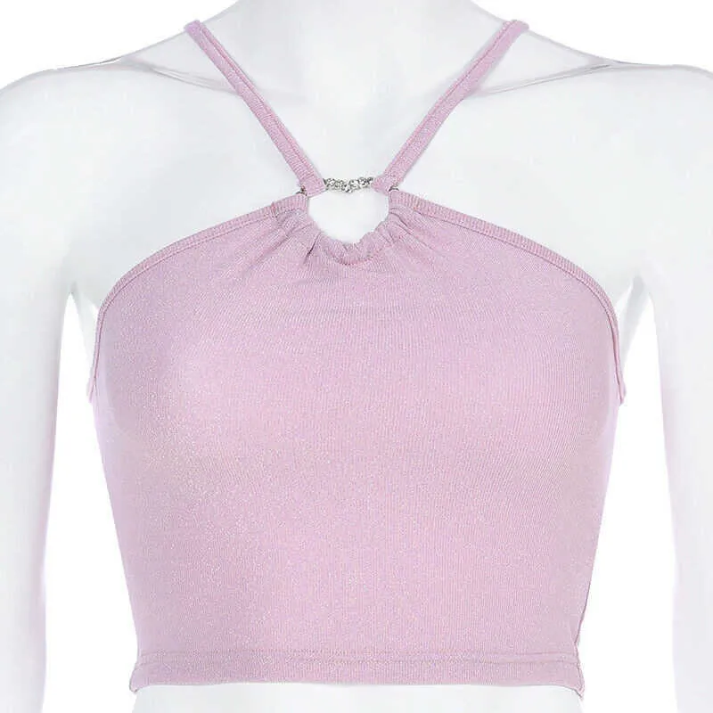 Sommar 2019 Kvinnor Sequin Halter Necktankar Toppar Mode Strapless Solid Slim Crop Top Ladies Rosa Camisole Kvinna T Shirt Camis Y0622