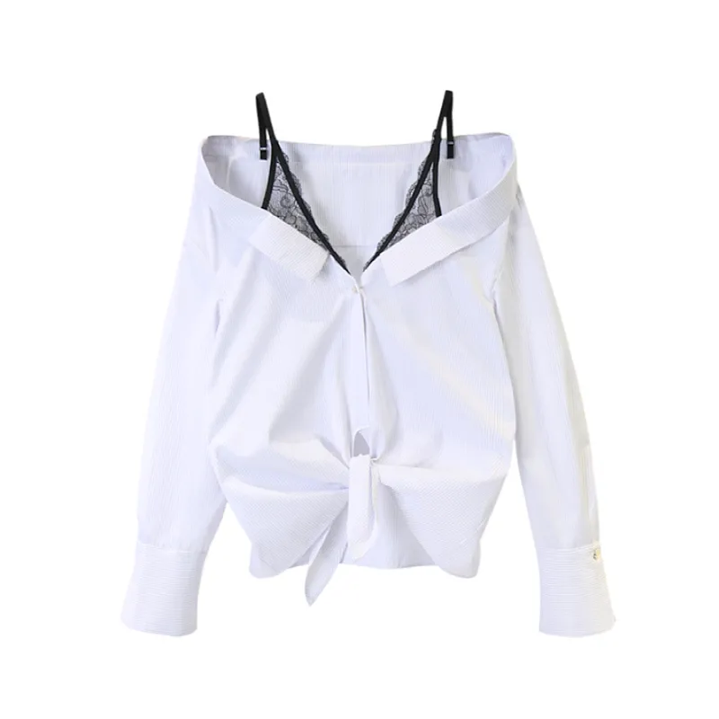 CHIC Off-плечо кружева лоскутная блузка женские рубашки поддельных двух частей женские топы весна с длинным рукавом CamiSas Mujer 210514