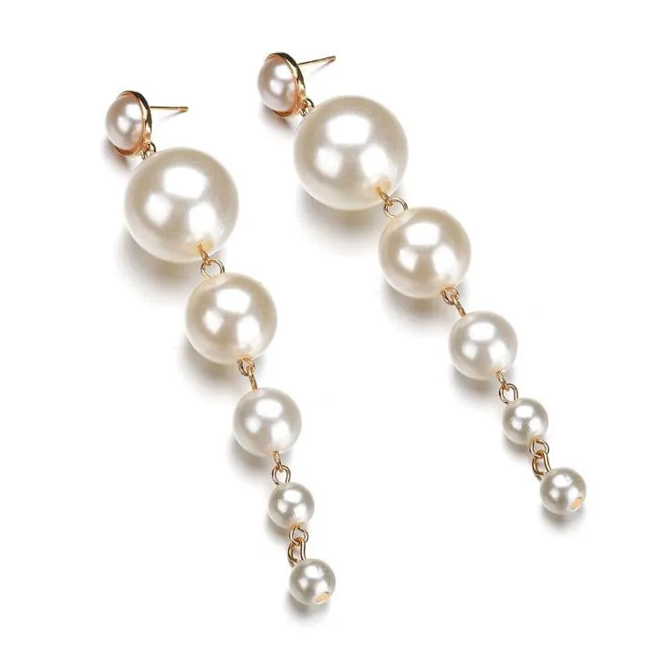À la mode élégant créé grande perle simulée longues boucles d'oreilles perles chaîne déclaration clip sur les femmes cadeau de fête de mariage