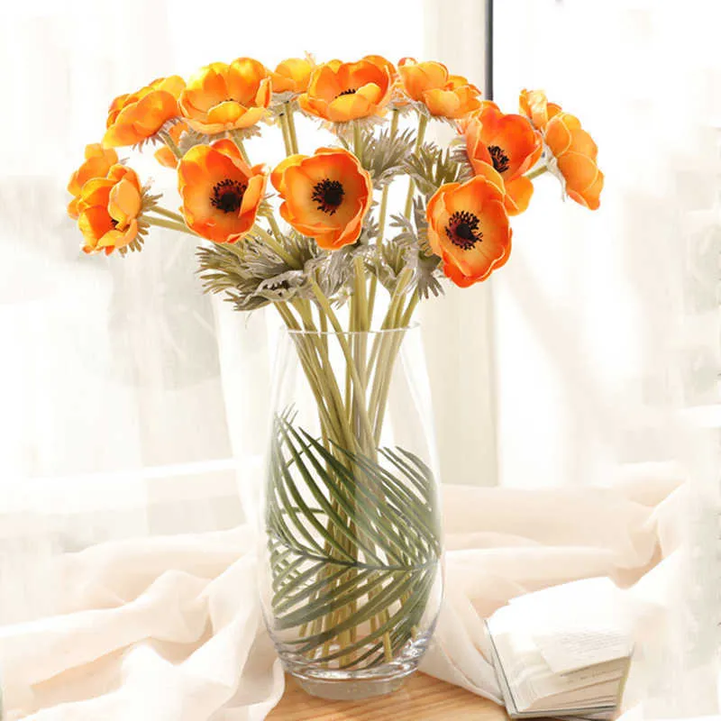 Künstliche Anemonen Blumen Real Touch Mohn Zweige für Hochzeit Home Dekoration Gefälschte Blume Herbst Dekorationen 210624