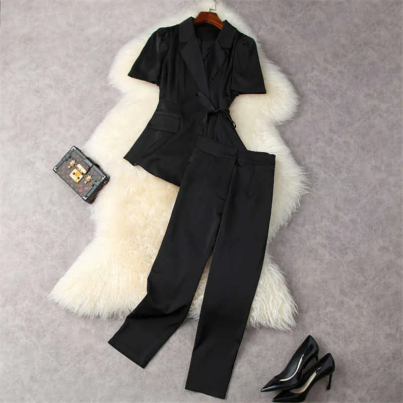 Damskie spodnie 2 sztuki Zestaw Letni Projektant Moda Krótki Rękaw Lace Up Blazer Garnitur Spodnie Office Lady Business Outfit 210601