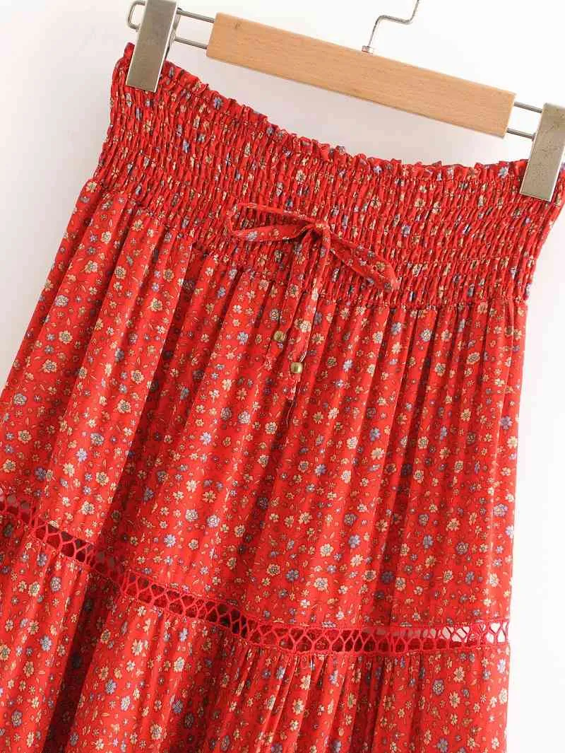 Summer women printed elastic waistband with cutout Red skirt high waist female midi skirt ladies sexy boho beach skirts 210514