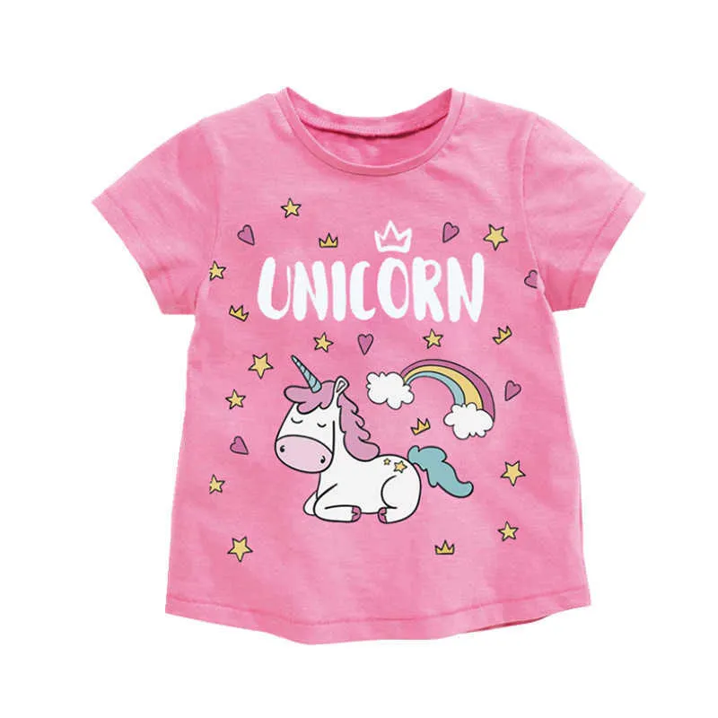 Salto metri Ragazze T-shirt in cotone rosa l'estate Stripe Abbigliamento bambini Animali Stampa Bambini Tops Tees 210529