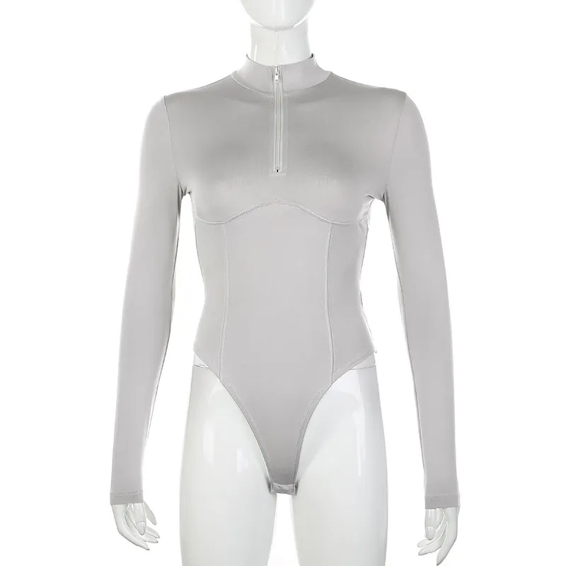 OMSJ Solid Skinny Autumn Bodies Ladies Grey Manica lunga Casual Zipper Dolcevita Slim Bodycon Pagliaccetti Allenamento di base Body 210517