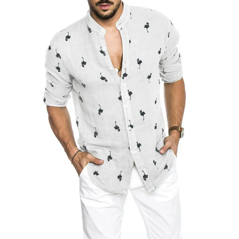 Mens mode casual tryckta flamingo skjortor social bomull linne slim passform sommar hawaiian koreansk krage långärmad manlig verksamhet 210410