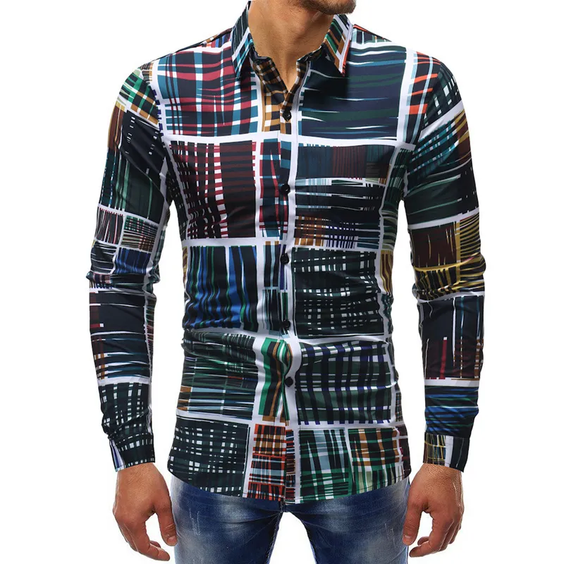 Kolorowe paski kratki koszulki dla mężczyzn dorywczo slim fit męskie shirt button social streetwear mężczyźni koszulka z długim rękawem koszulka homme 210524