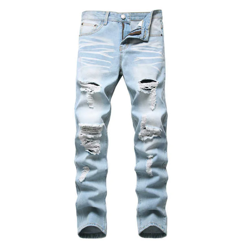 Denim byxor rakt tvättas med pläterade rippade hål knapp skinny biker jeans blå 2020 smal passform jeans män byxor x0621