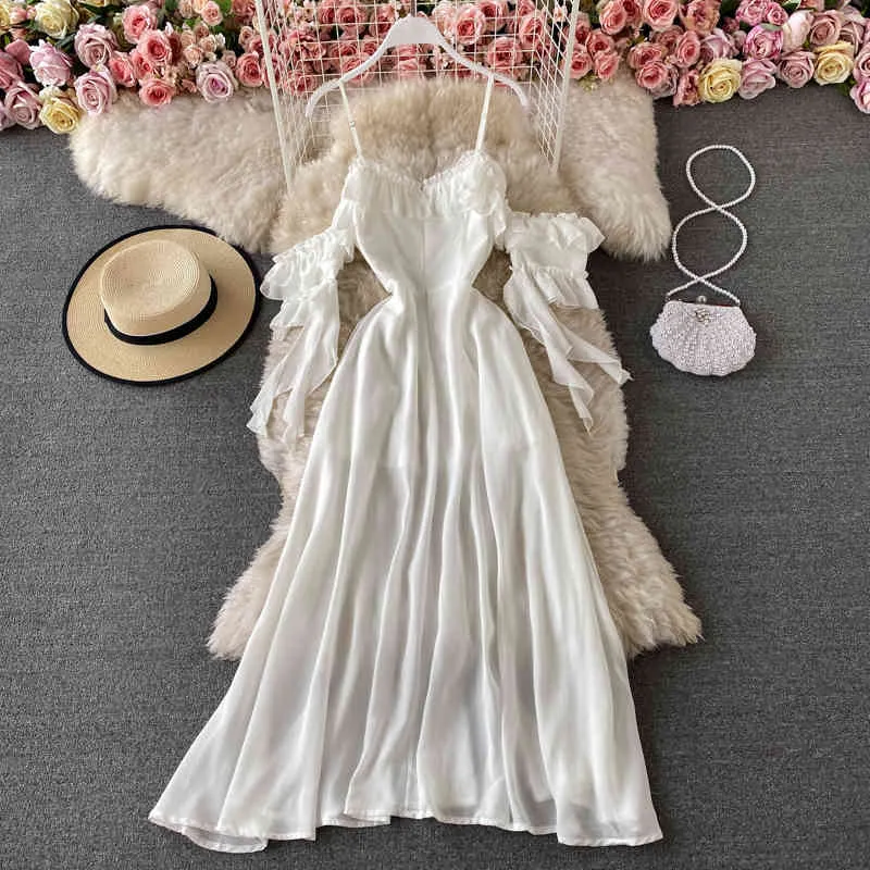 Summer White Long Dress Women Sexy Off Shoulder Strapless Backless Ruffle Beach Dresses Elegant Ladies Maxi Vintage Robe 210525