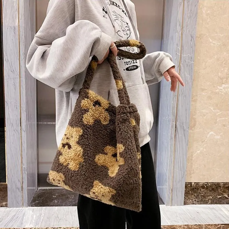 학교 가방 여자 여자 여자 멍청한 숄더백 귀여운 곰 인쇄 상단 핸들 여성 가을 ​​겨울 핸드백 플러시 토트 패션 상점 275b