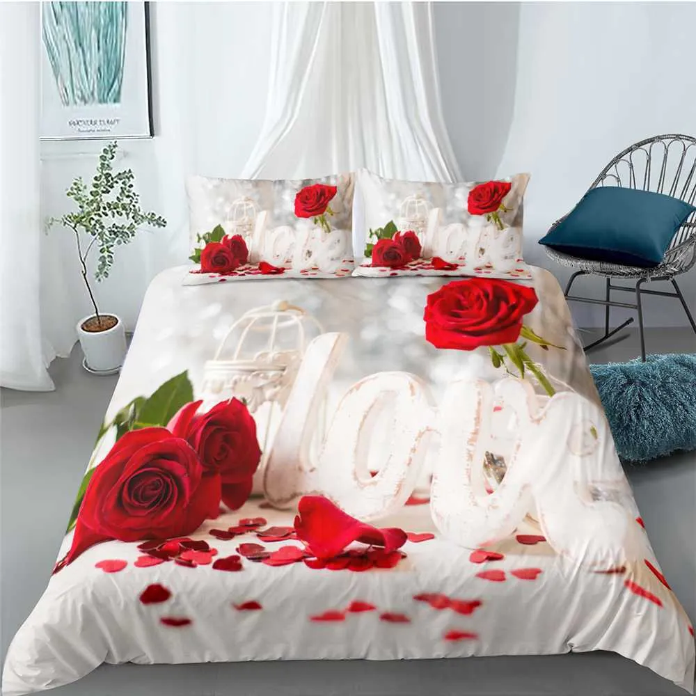 Homesky Saint Valentin Mariage Fleur Ensemble de Literie 2/Luxueux Rose Coeur Amour Housse de Couette Queen Twin King Size Taie D'oreiller 210615