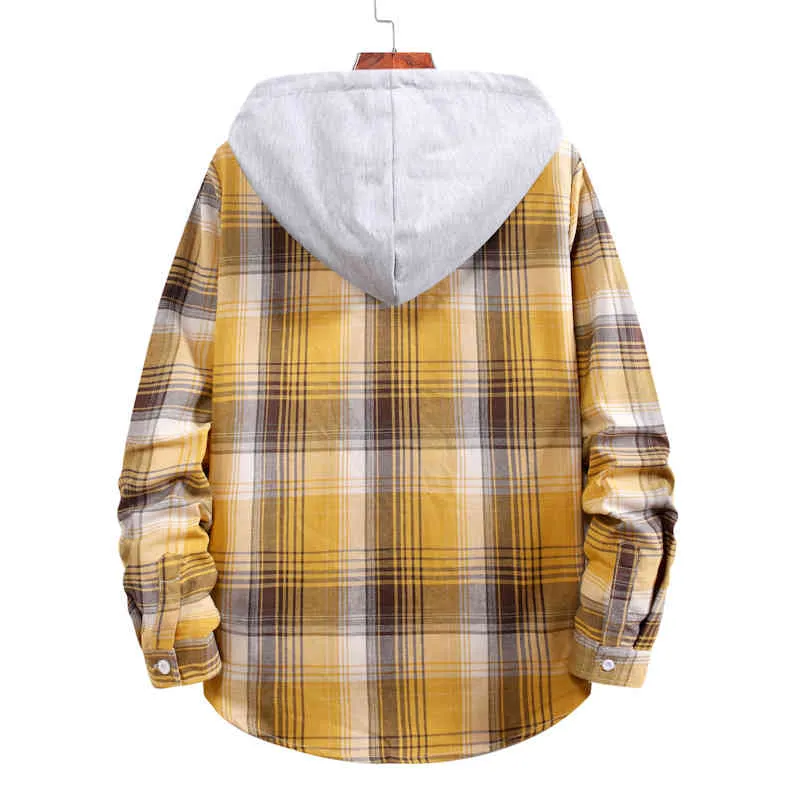 Jaune Plaid À Capuche Chemise Hommes Printemps À Manches Longues Boutonné Hommes Robe Chemises Casual Hipster Streetwear Chemise Chemise 210522