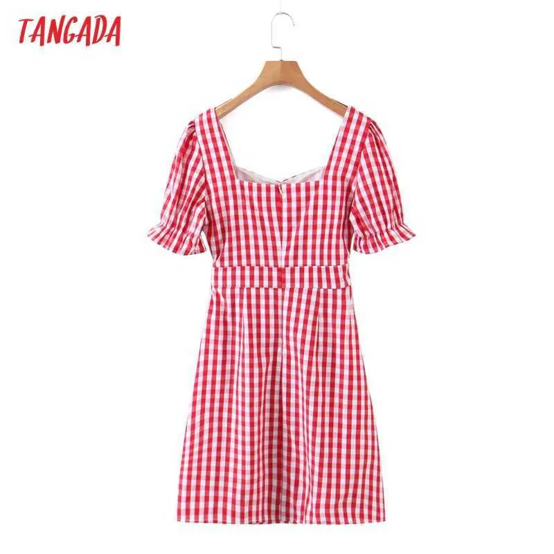 Tangada mode femmes rouge Plaid découpe robe à manches courtes dames Vintage Mini robe Vestidos RB29 210609