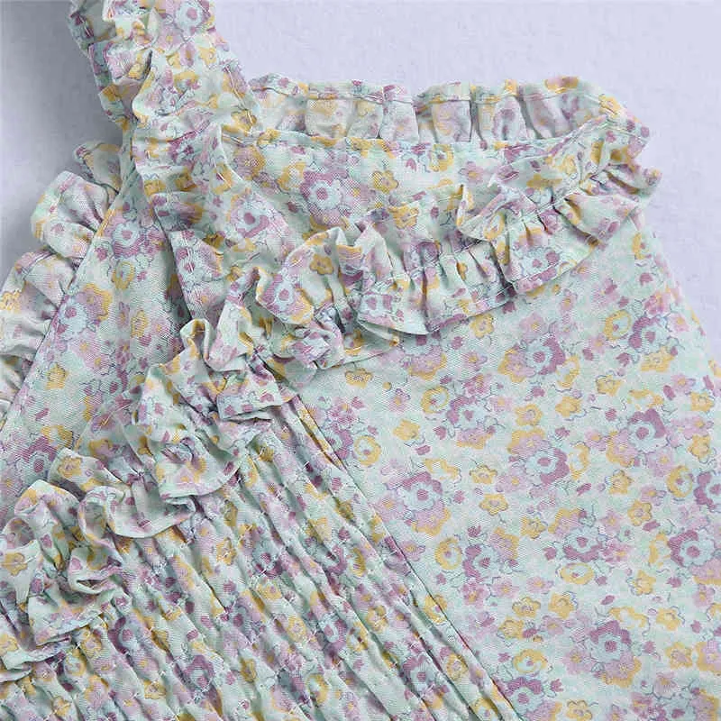 Sweet Floral Print Ärmlös Kvinnor Klänning Mode Flounced Edge Sexig Lady Short Summer Casual Chic Kvinna 210430