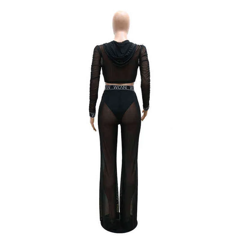 Vrouw Sexy See Through Mesh Black Zip Up Hooded Lange Mouwen Crop Top Wide Pen Long Broek Matching 2 Stuk Sets Club Outfits 211116