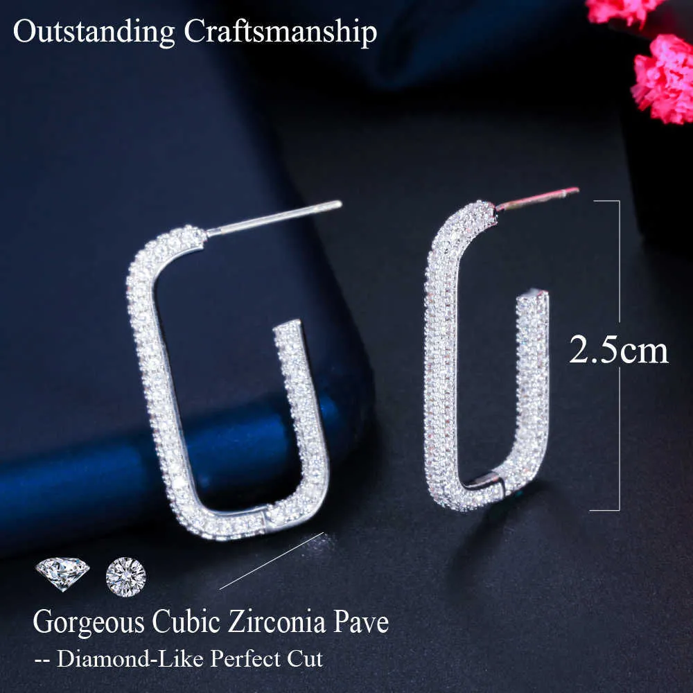 Brillant pur blanc cubique zircon micro pavé géométrique argent rectangle boucles d'oreilles pour femmes bijoux à la mode CZ858 210714