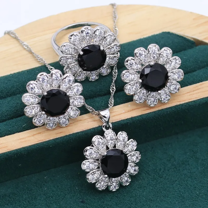 di gioielli in argento con zirconi neri verdi blu bracciale da donna orecchini a bottone collana pendente anello regalo