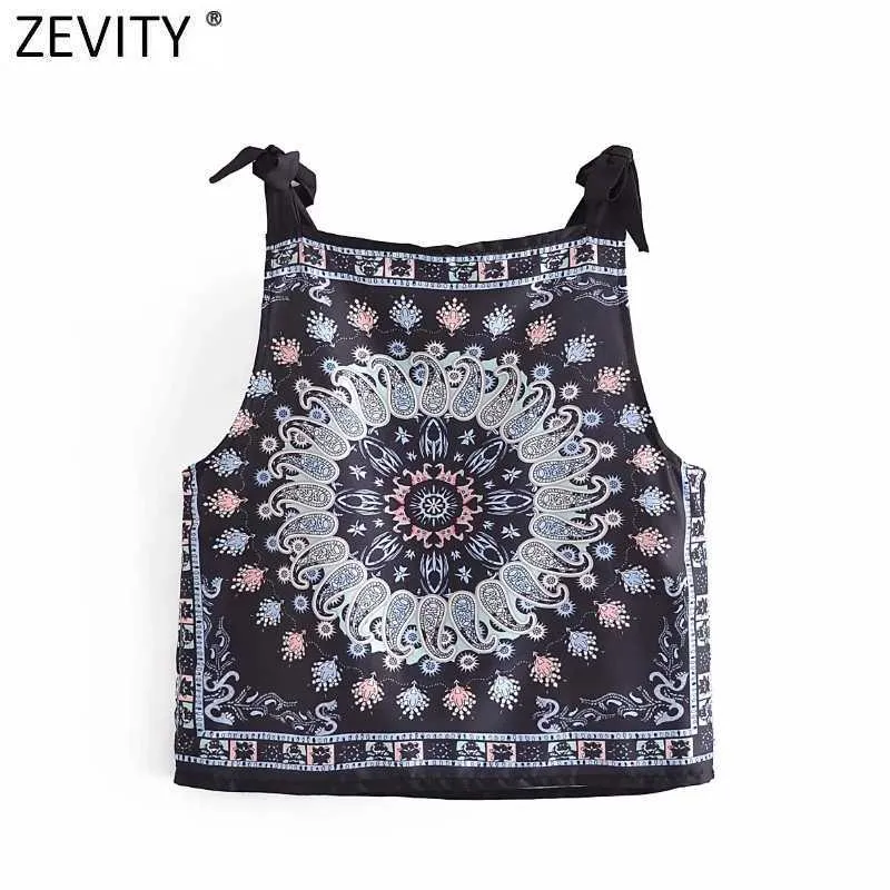 Zevity Women India Folkposition Totem Floral Print Chic Sling Camis Tank Damer Summer Bowknot Strap Vest Crop Tops LS9263 210603