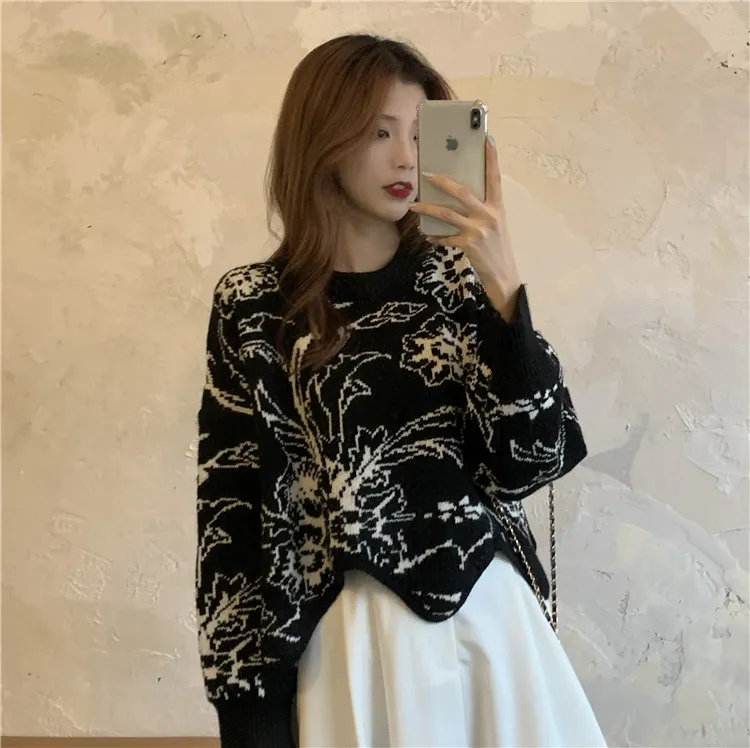 H.SA Women Winter Pull Floral Pullovers Onregelmatige Hem Wave Oversized Graf Trui Jumpers Koreaans Femme Hiver 210417