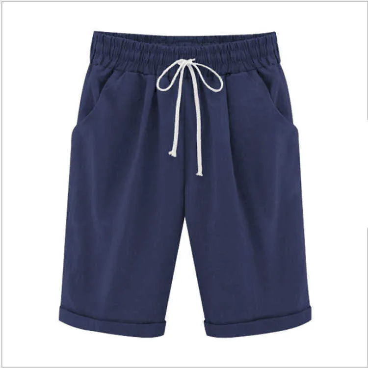 Casual Cotton Linen Women's Five-Point Pants Plus Size Female Elastic Waist Pocket Loose Drawstring Thin Straight Trouser Summer 210526