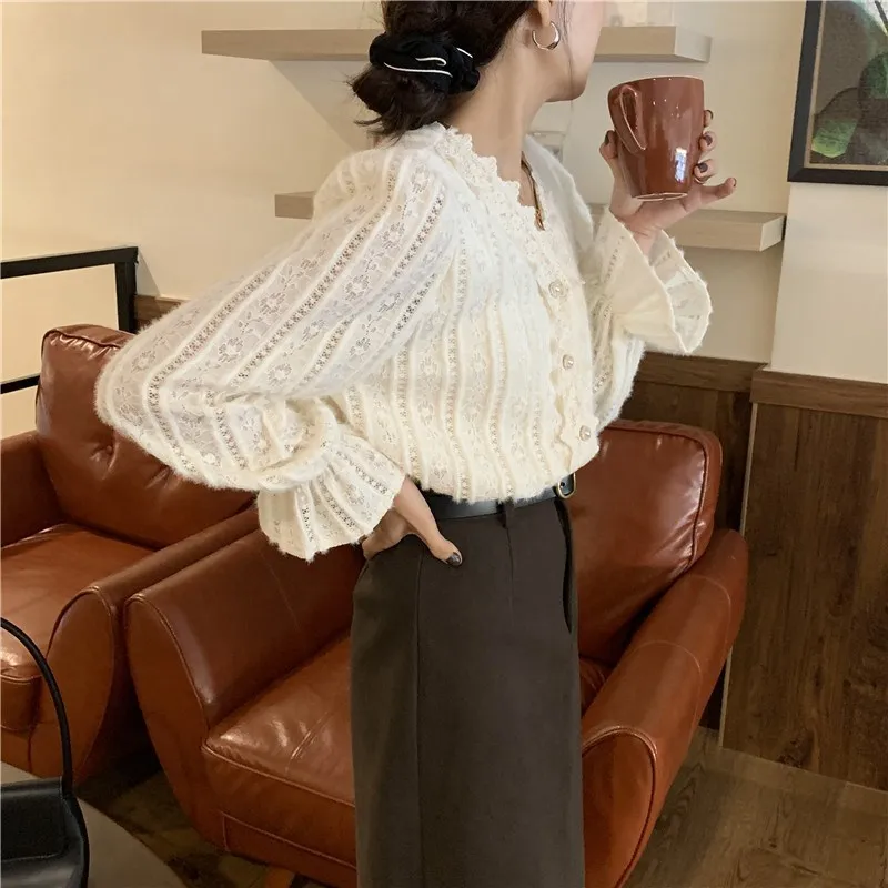 Apricot Stylish V-Neck Slim Shirts Sweet Fashion Sale Female Ruffles Pleated Chic Women All Match Blouses 210525