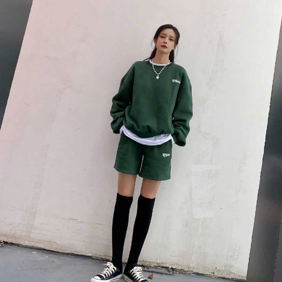 Casual Harajuku Groen 2-delige Sportkleding Unisex Lange mouwen Pullover en Shorts Dames Jumpsuit 210527