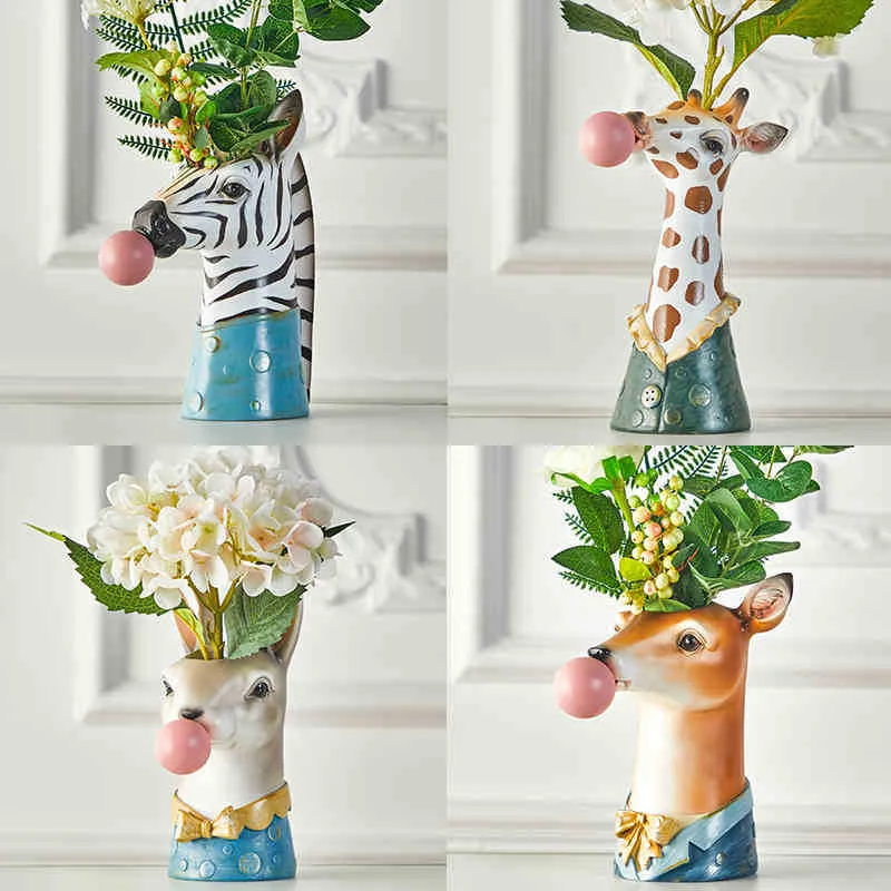 Résine dessin animé tête d'animal Vase Pot de fleur bulle gomme zèbre girafe Panda cerf lapin ours Animal artisanat créatif décoration 2104092566