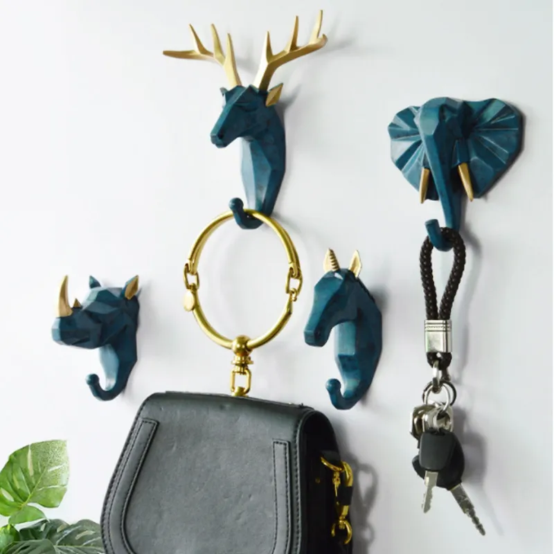 D2 Animal Head Resin Key Hook Holder Clothing Deer Elephant Unicorn Rhinoceros Racks Coat Bag Hanger Cap Decor Home Wall 220311