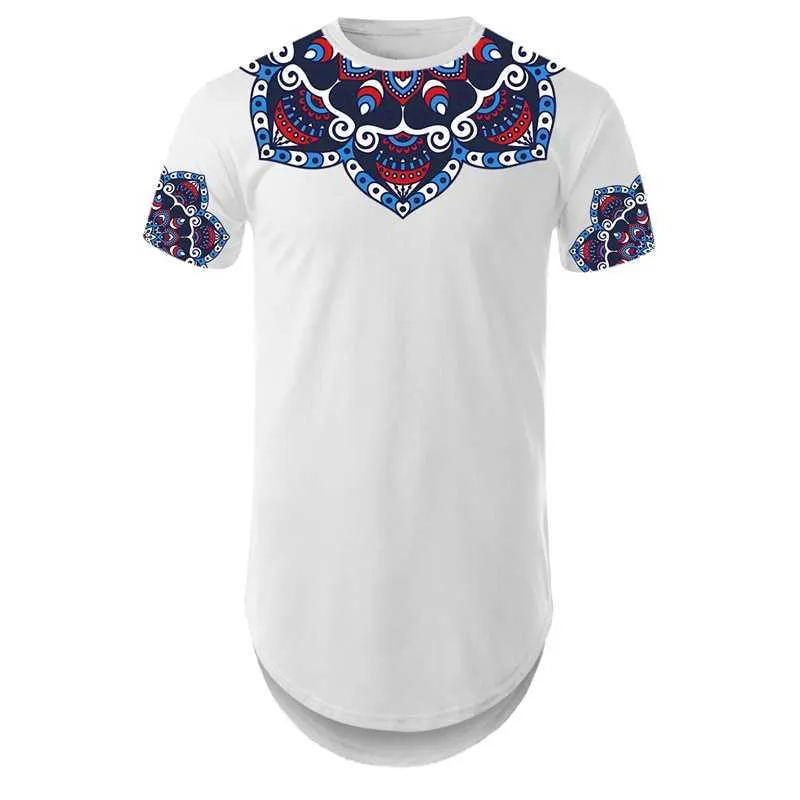 Youthup 3D T-tröja Män Round Hem Tshirt Traditionella mönster Design Mens T Shirt Male Streetwear Long Line Shirts för sommaren 210629