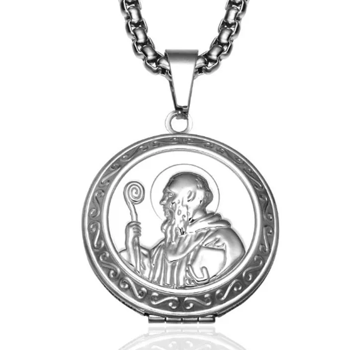 Pendentif Colliers Vintage Saint San Benito Médaille Or Acier inoxydable Peut ouvrir Po Cadre Pendentifs pour bijoux religieux220V