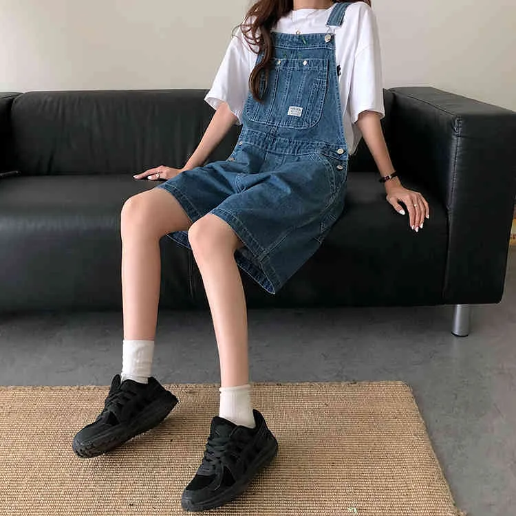 SML Sommar Koreansk Preppy Style Jumpsuit Denim Overaller Casual Girls Blue Jeans Shorts Womens 78500 210423