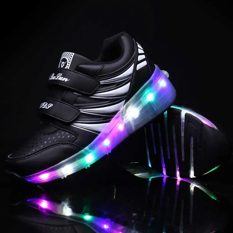 Размер 28-40 Детские Светодиодные Обувь Светящиеся кроссовки с роликом для мальчиков Световые кроссовки с подсветкой One The Close Roller Skate Shoes 211022