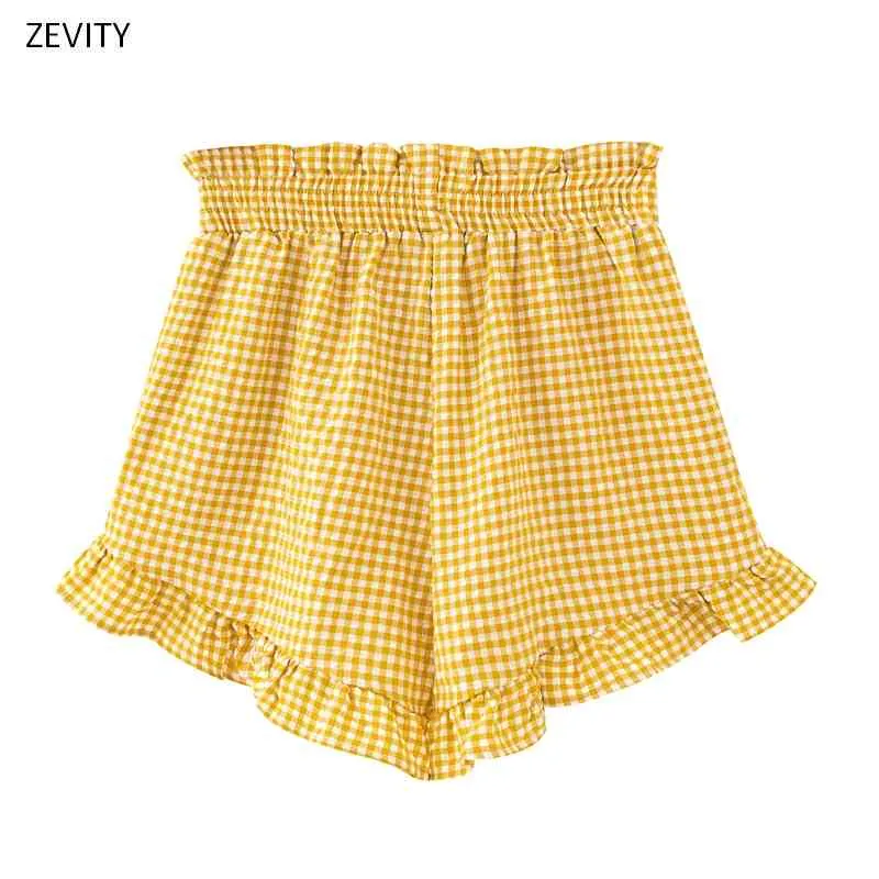 Femmes Vintage Agaric Dentelle Volants Plaid Imprimer Shorts Dames Chic Taille élastique Short Pantalone Cortos P830 210420