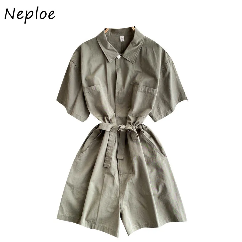 Neploe Vintage Tooling Casual Overall Frauen Hohe Taille Hüfte Schärpen Breite Bein Bodysuit Femme Sommer Kurzarm Playsuit 210510