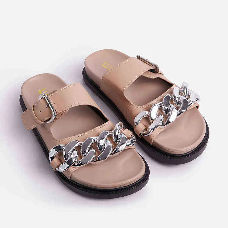 Chinelos de Metal Chain de Metal Mulheres Plataforma de Praia Slides Verão Senhoras Sandálias Plana Khaki Branco Preto Sapatos Verdes Zapatos de Mujer 220304