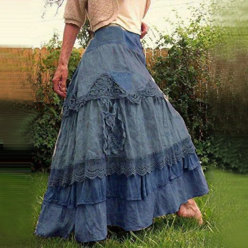 Dames plus size rokken zomer vintage ruches oversized maxi rokken nieuwe kanten lange rokken lage taille prairie chic gevallen rok 210331