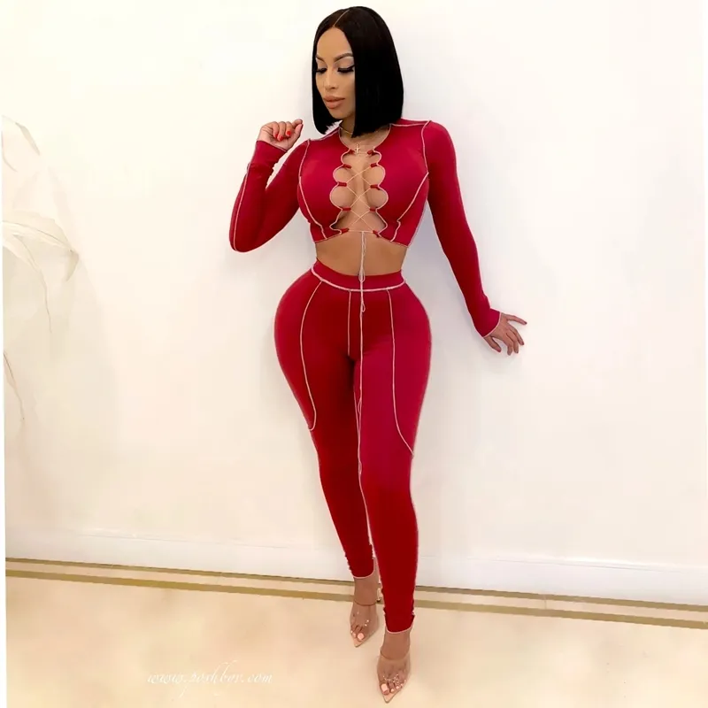 HAOYUAN Sexy Two Piece Set Criss-cross Lace Up Crop Top Pant Sweat Suits Party Club Birthday Outfits for Women Bodycon Tracksuit X0428