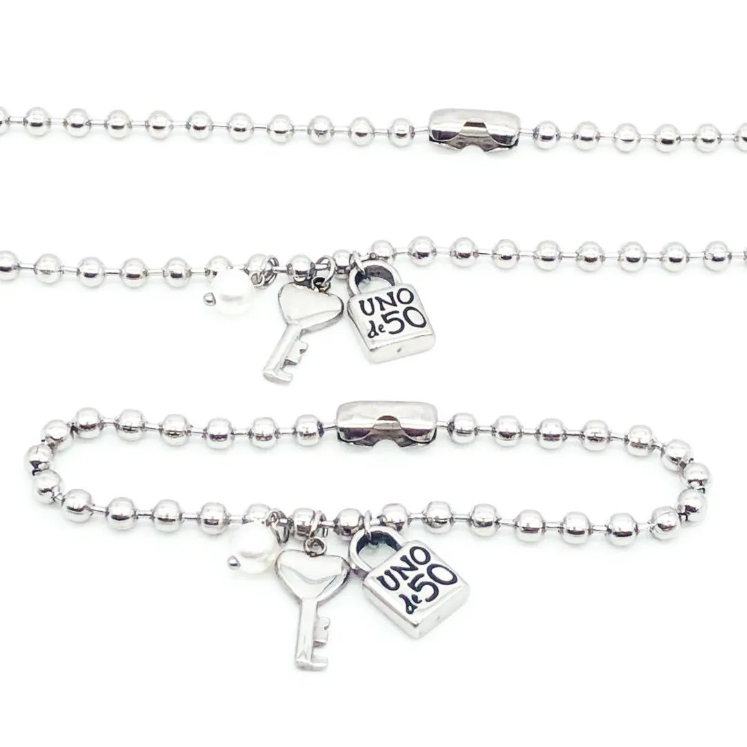 Mode Frauen Männer silberne Farbe Edelstahl 4mm Perle Lock Key Uno De50 Ball Perlen Armband Halskette Schmuck ein Geschenk 2104215540850