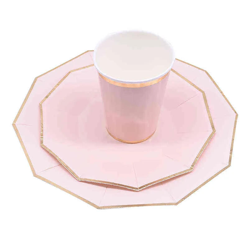 24 pezzi / set verde rosa blu piatti di carta tazze set da tavola usa e getta la cerimonia nuziale festa di compleanno forniture baby shower decorazioni in oro 211216