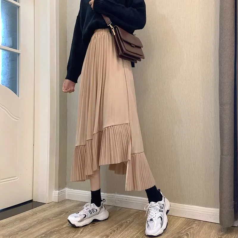 Faldas Mujer Moda Fall Korean Chic Slim black High Waist Pleated Skirts Women Irregular Ruffles Grey Maxi Skirt Vintage Loose 210610