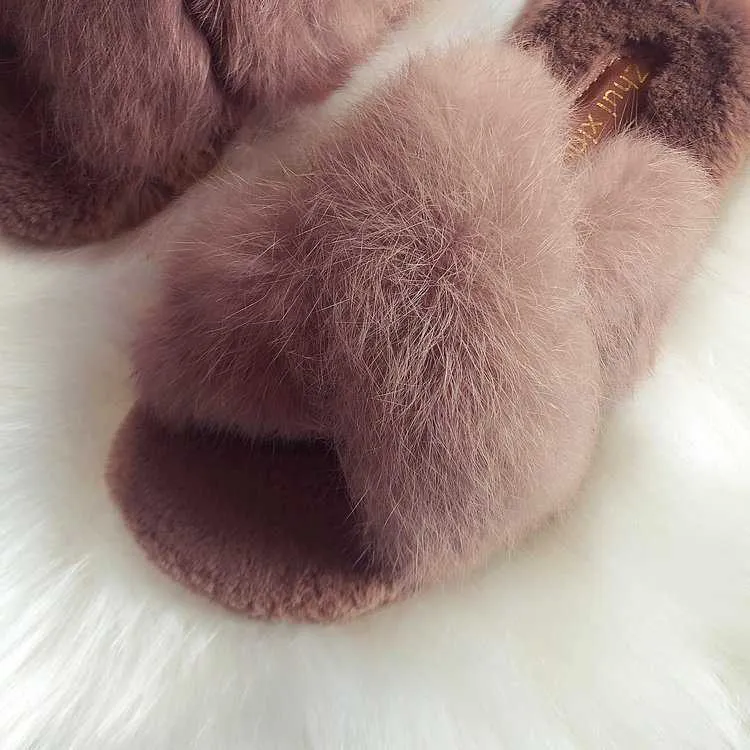 2019 Women Warm Winter Indoor New Rabbit Hair Slippers Female Cross Belt Fashion Wear Thick Platform Soft Fur Flat Slides Shoes Q0508