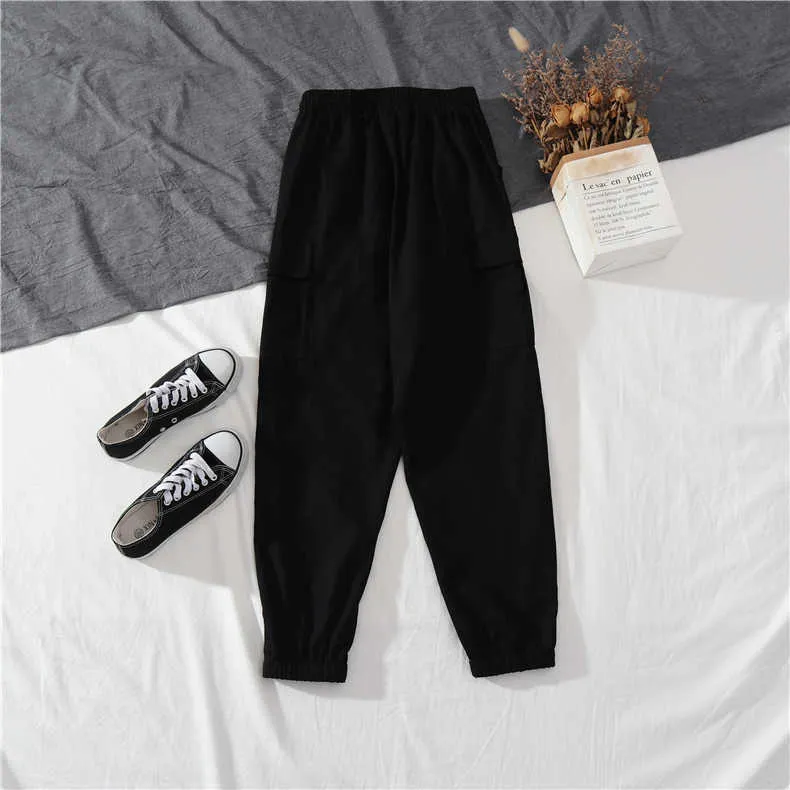 Outono calças de cintura alta soltas jogger harajuku streetwear harém camuflagem exército preto calças cargo 210531