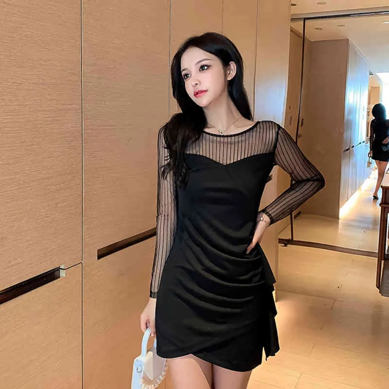 Kadın Bahar Sonbahar Elbise Kore Tarzı Örgü Dikiş Saf Renk Yüksek Bel Uzun Kollu Kısa Kadın ES LL657 210506