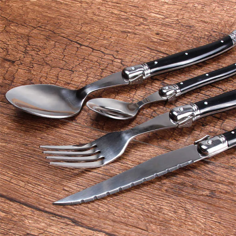 / 6 conjunto de facas de bife forquilhas colheres de plástico alça Laguiole estilo talheres conjuntos de aço inoxidável cutelaria de madeira conjuntos de jantar 211012