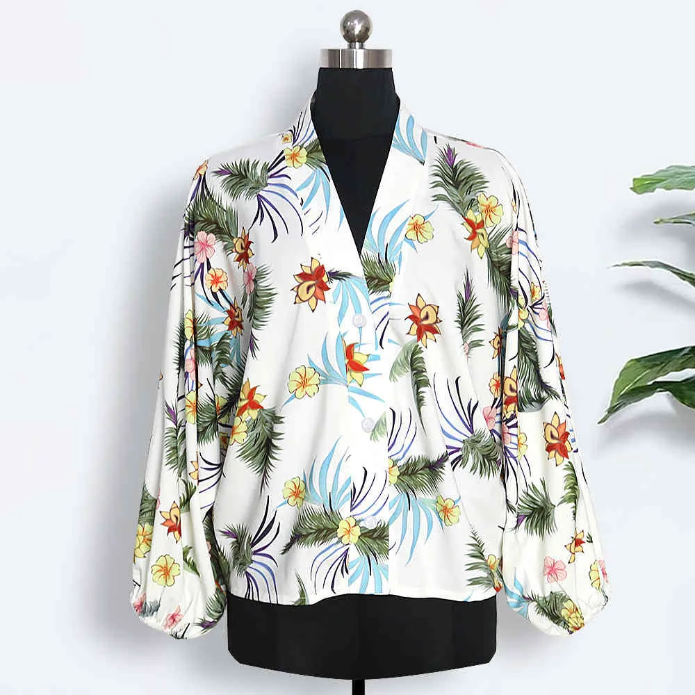 Kvinnor Blouse Deep V Neck Printed Shirt Puff Sleeve T-shirts Retro Print Ladies Topps Sexiga Långa Blusar 210524