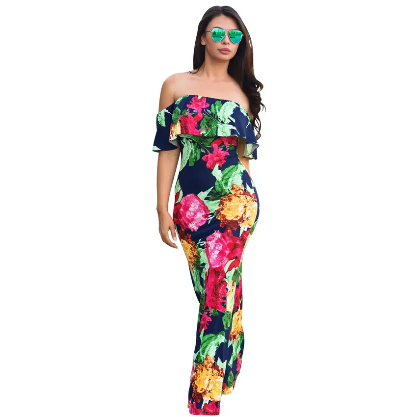 Femmes Floral Print Slash Neck Ruffles Robes Sexy Vêtements de plage Boho Maxi Sirène Manches courtes Doux Robe longue beachwear vestidos 210520