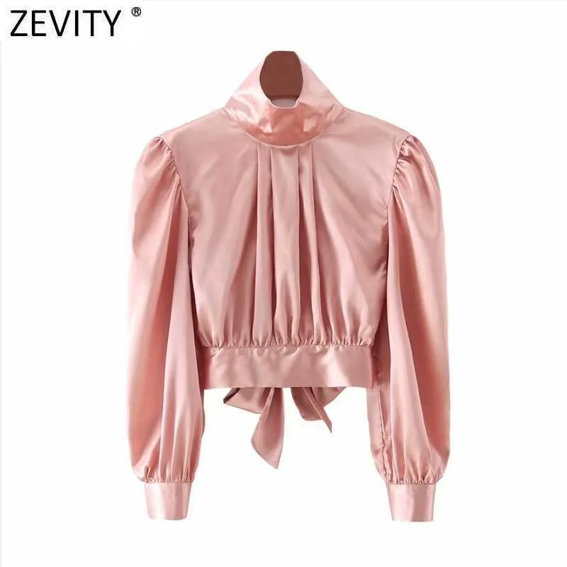 Zevity Femmes High Street Dos Nu À Manches Longues Col Roulé Blouse Chemisier Femme Bow Chemise Courte Chic Sexy Blusas Tops LS7554 210603