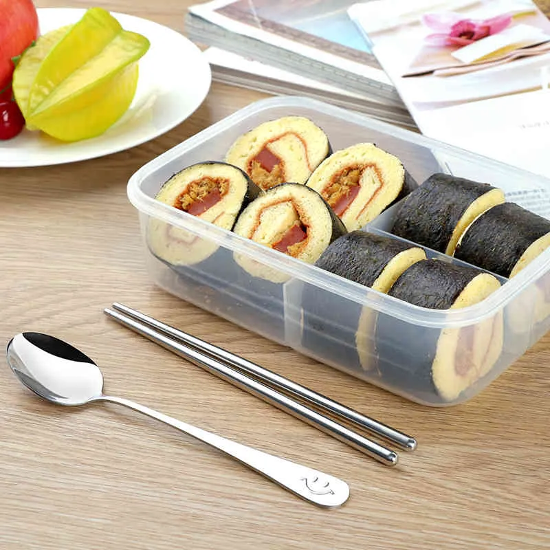 1000ml Microwave Lunch Box With Tableware Portable Bento Eco-friendly Outdoor Food Container Soup Bowl 210423